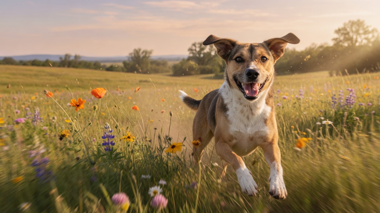 A healthy dog running through a sunlit wildflower meadow