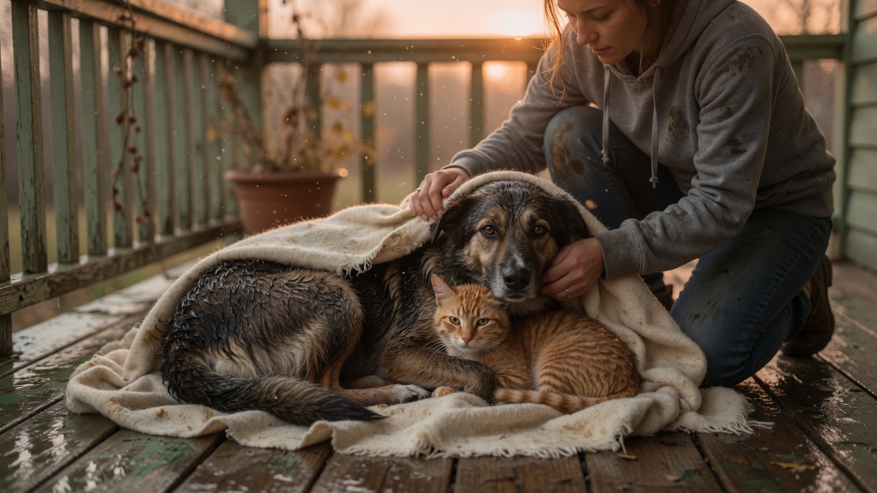 A volunteer wrapping a wet street dog and a ginger cat in a blanket at sunset