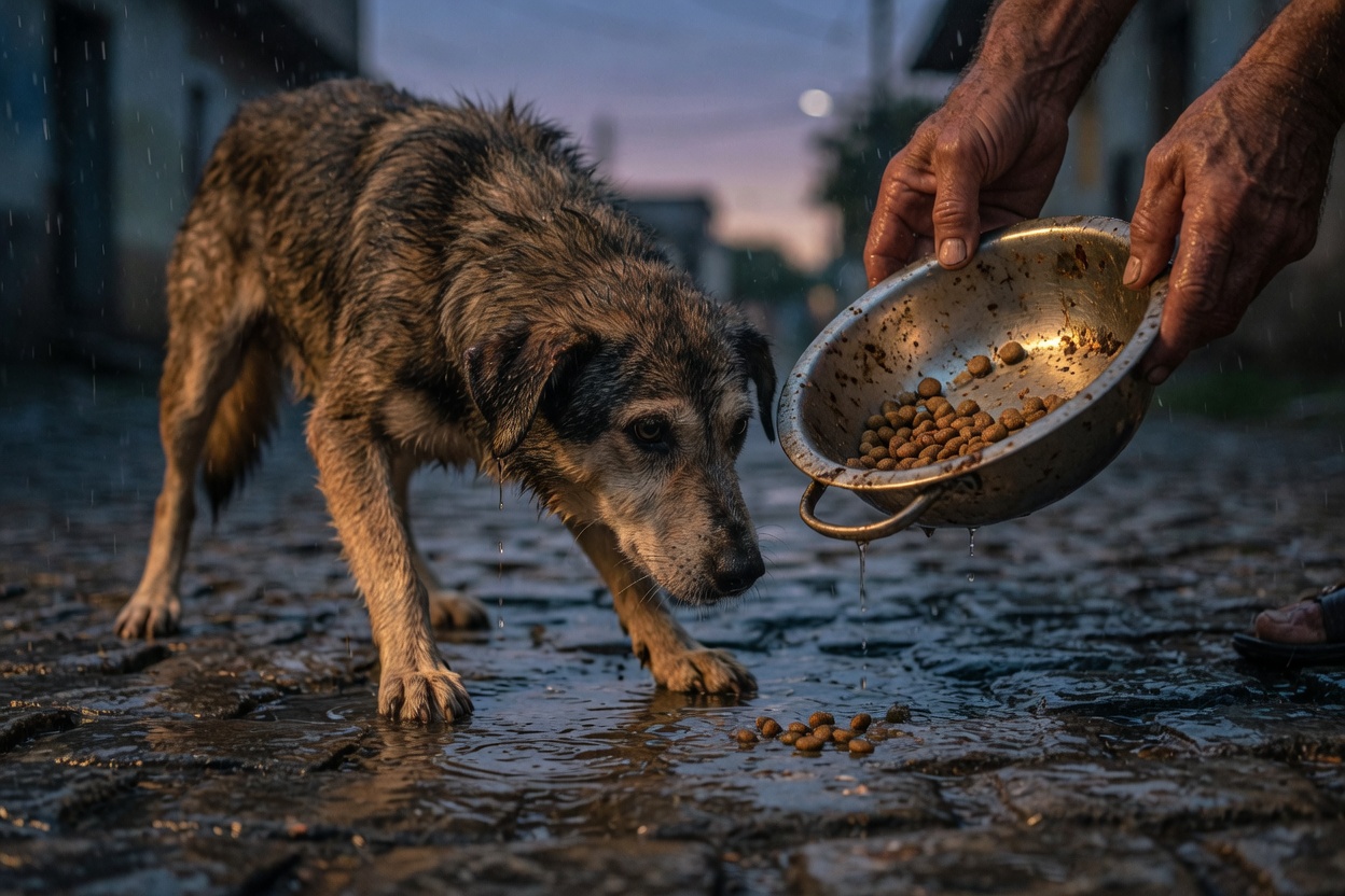 Hands offering a bowl of food to a street dog