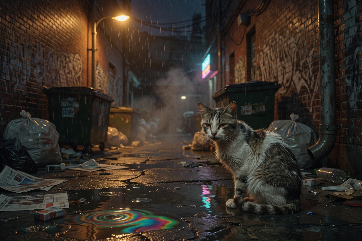 A street cat in a rain-soaked alley