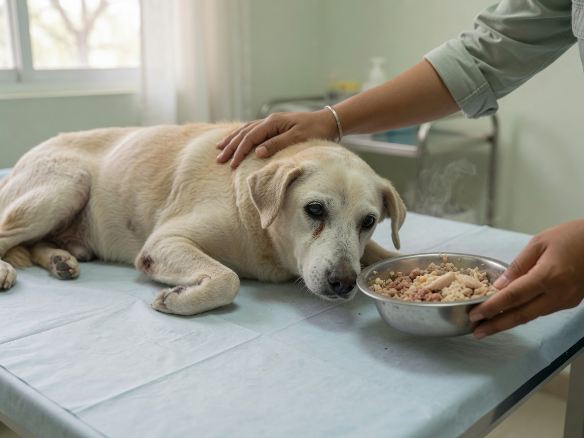 An older cream-colored dog on a clinic table being offered a bowl of food