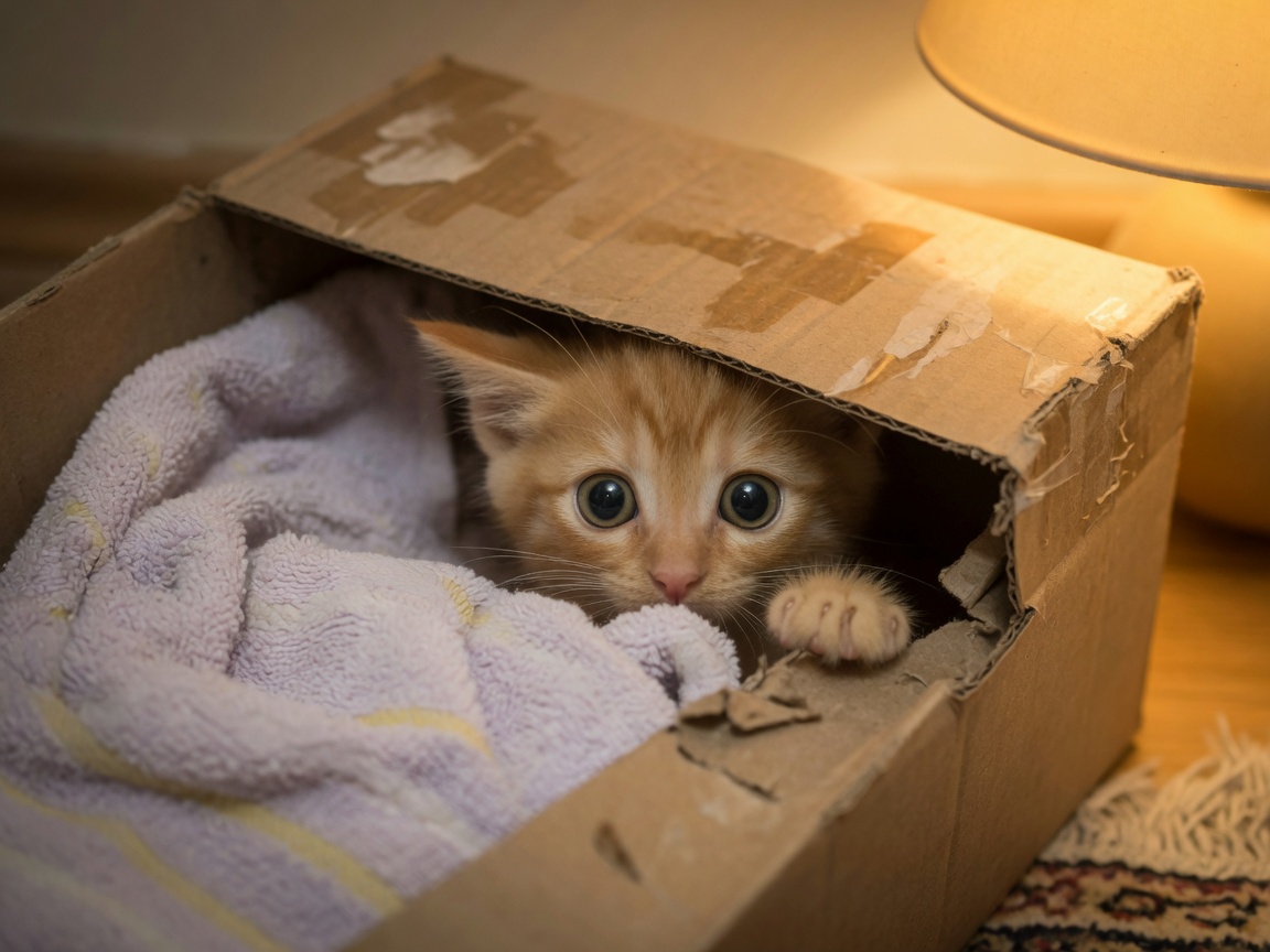 A ginger kitten peeking from a cardboard box