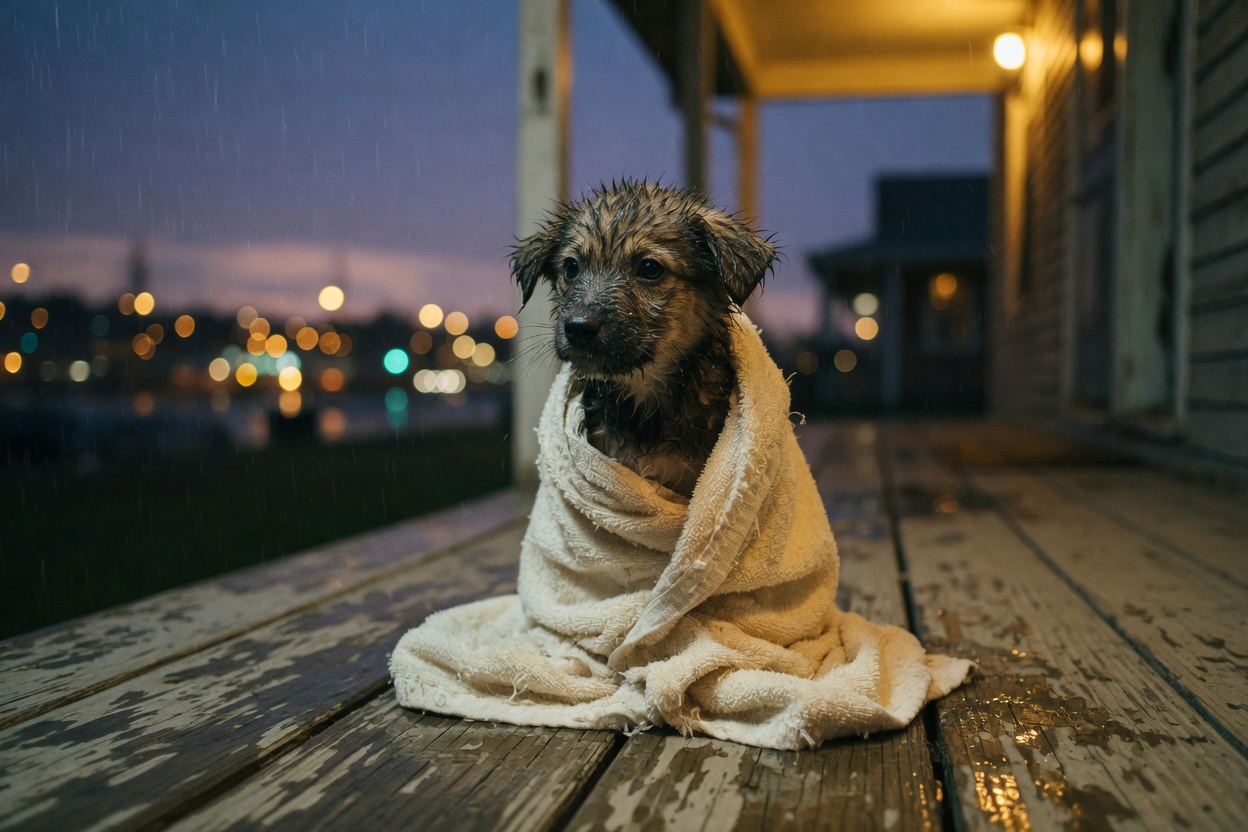 A puppy wrapped in a towel