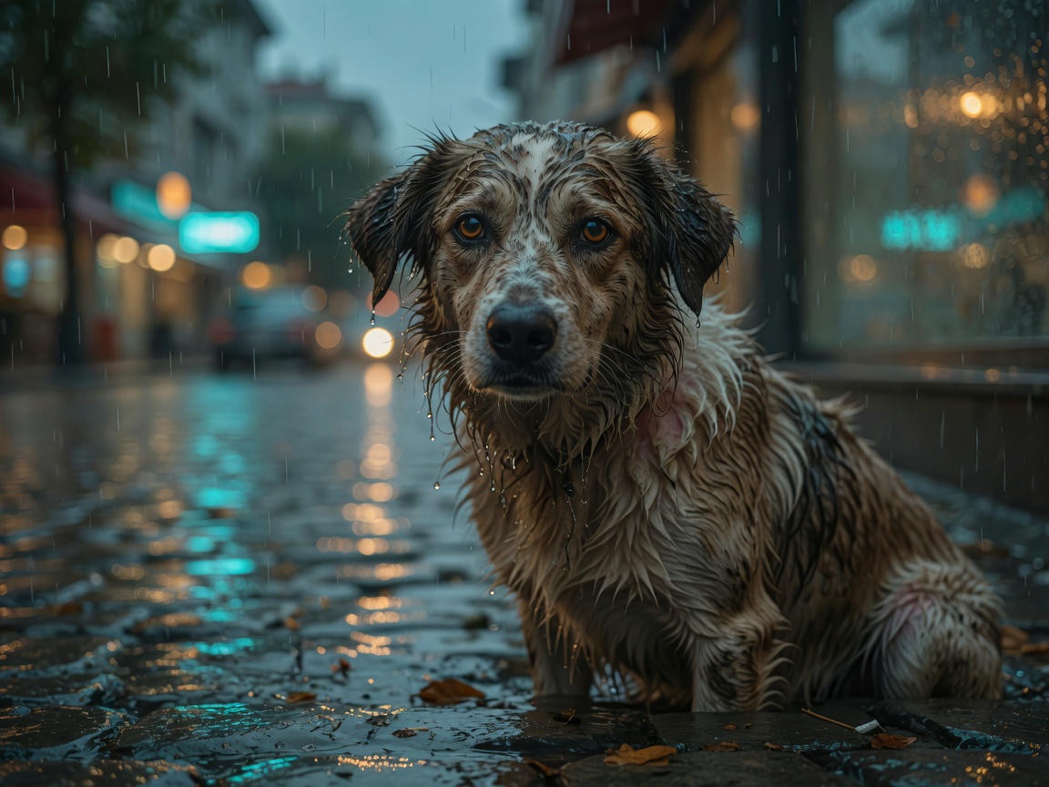 A soaked mixed-breed dog sitting in the rain on a city street