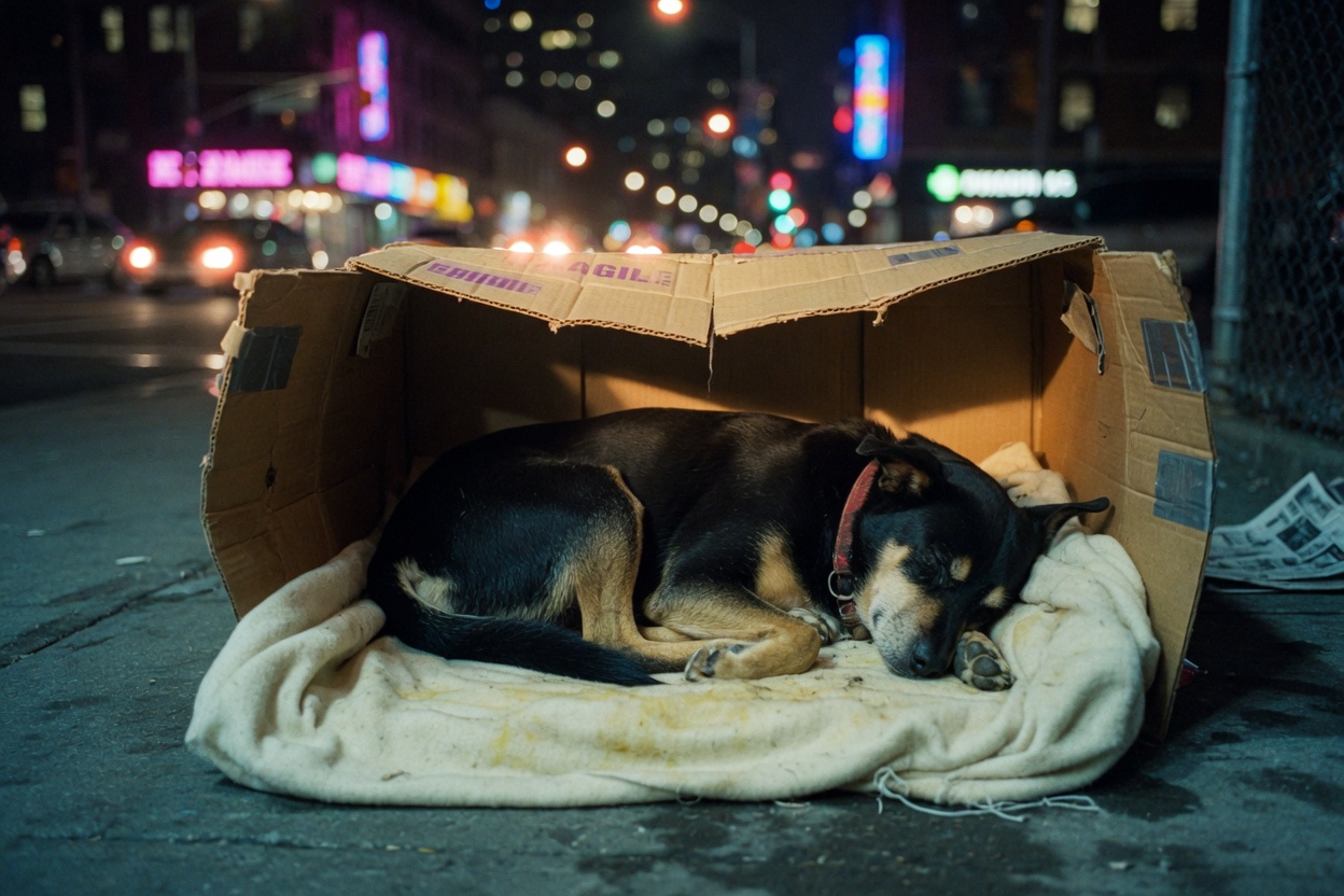 A dog sleeping in a cardboard box