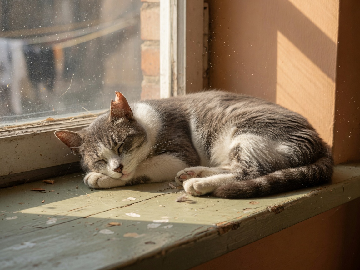 A grey and white cat sleeping in a sun patch on a wooden windowsill
